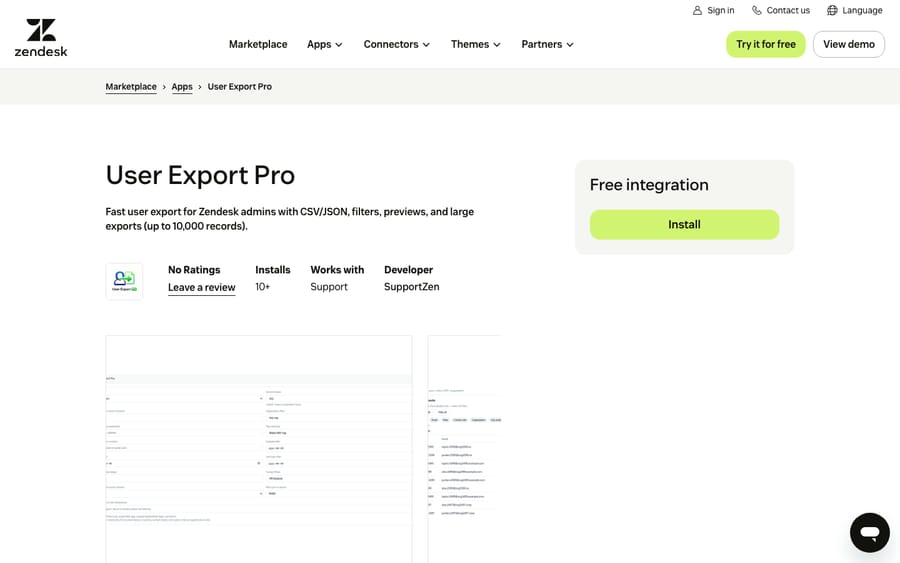 User Export Pro's listing on the Zendesk Marketplace, captured October 30, 2026