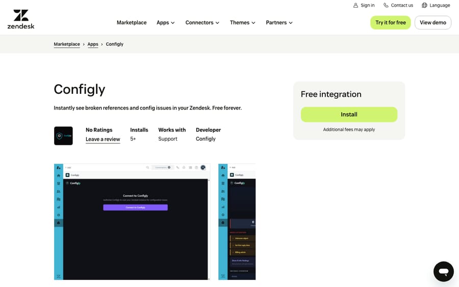 Configly's listing on the Zendesk Marketplace, captured October 30, 2026