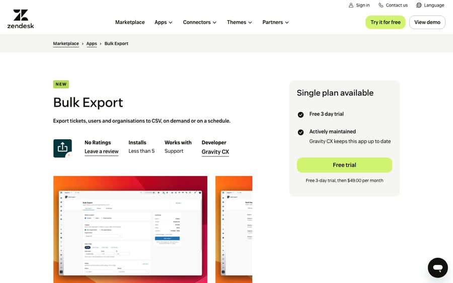 Bulk Export's listing on the Zendesk Marketplace, captured October 30, 2026