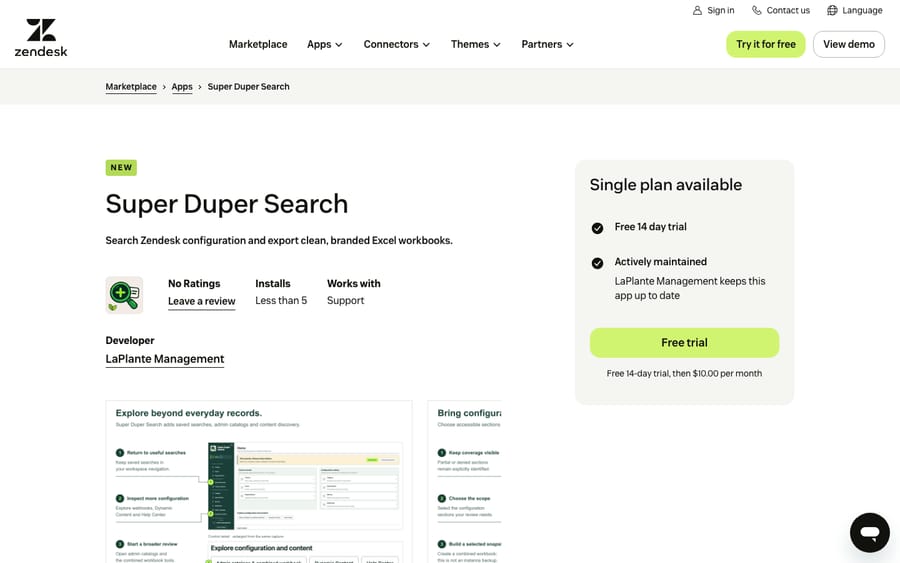 Super Duper Search's listing on the Zendesk Marketplace, captured October 30, 2026