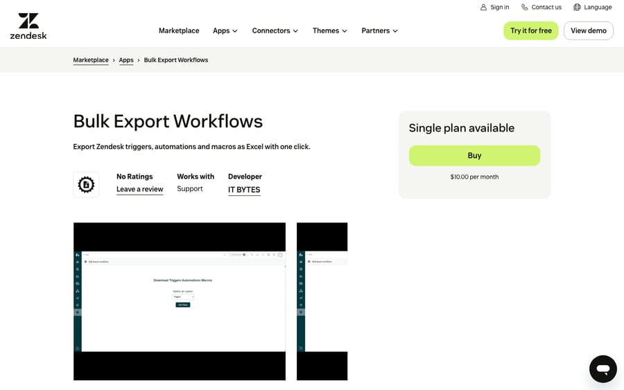 Bulk Export Workflows' listing on the Zendesk Marketplace, captured October 30, 2026