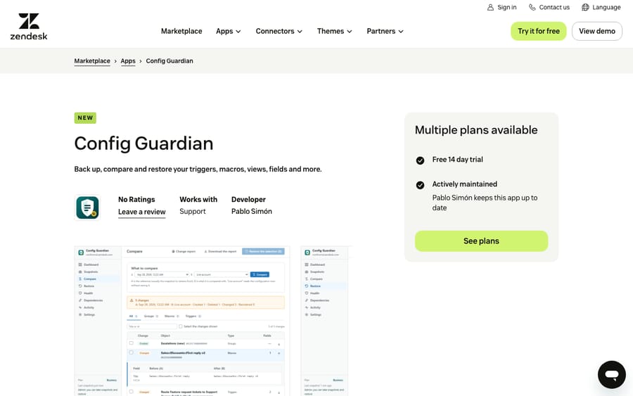 Config Guardian's listing on the Zendesk Marketplace, captured October 30, 2026