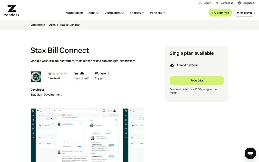 Stax Bill Connect's listing on the Zendesk Marketplace, captured October 30, 2026