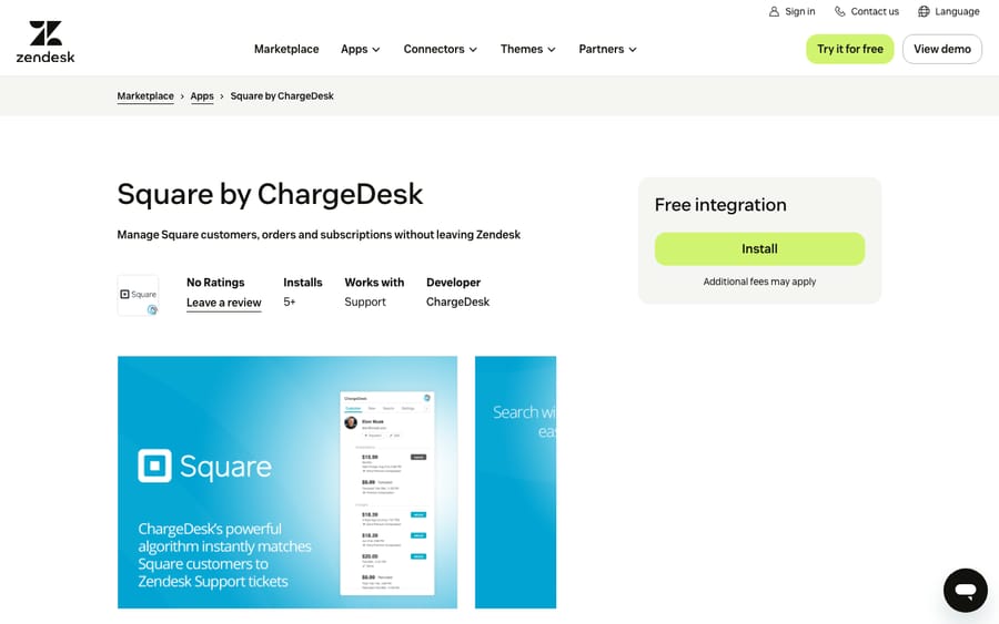 Square by ChargeDesk's listing on the Zendesk Marketplace, captured October 30, 2026