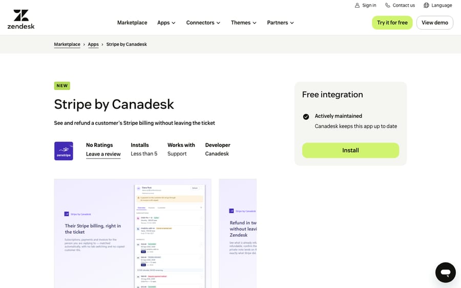 Stripe by Canadesk's listing on the Zendesk Marketplace, captured October 30, 2026