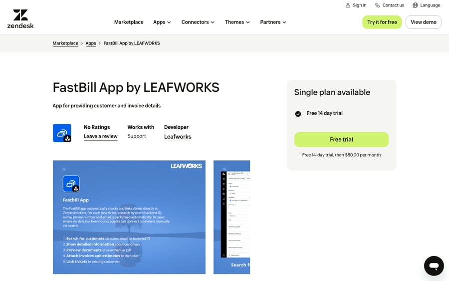 FastBill App by LEAFWORKS' listing on the Zendesk Marketplace, captured October 30, 2026