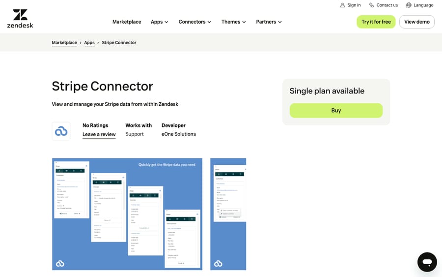 Stripe Connector's listing on the Zendesk Marketplace, captured October 30, 2026
