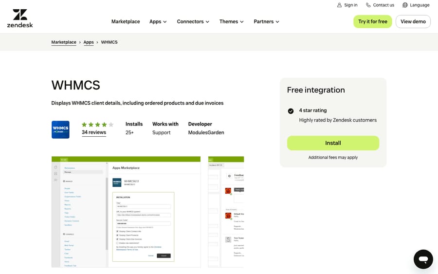 WHMCS's listing on the Zendesk Marketplace, captured October 30, 2026
