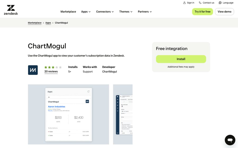 ChartMogul's listing on the Zendesk Marketplace, captured October 30, 2026