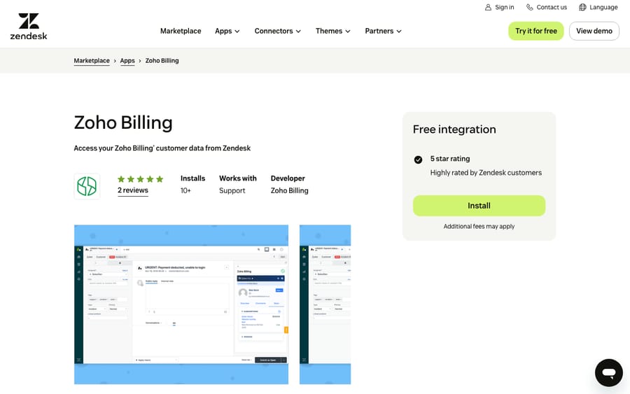 Zoho Billing's listing on the Zendesk Marketplace, captured October 30, 2026