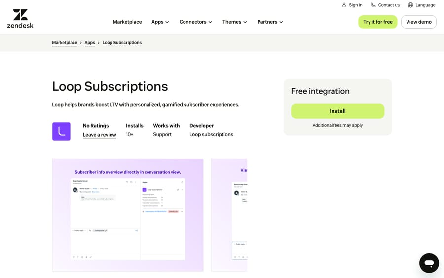 Loop Subscriptions' listing on the Zendesk Marketplace, captured October 30, 2026