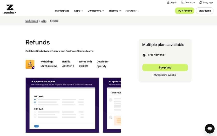 Refunds' listing on the Zendesk Marketplace, captured October 30, 2026