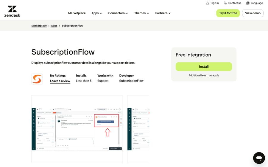 SubscriptionFlow's listing on the Zendesk Marketplace, captured October 30, 2026