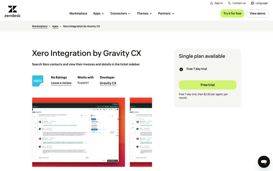 Xero Integration by Gravity CX's listing on the Zendesk Marketplace, captured October 30, 2026