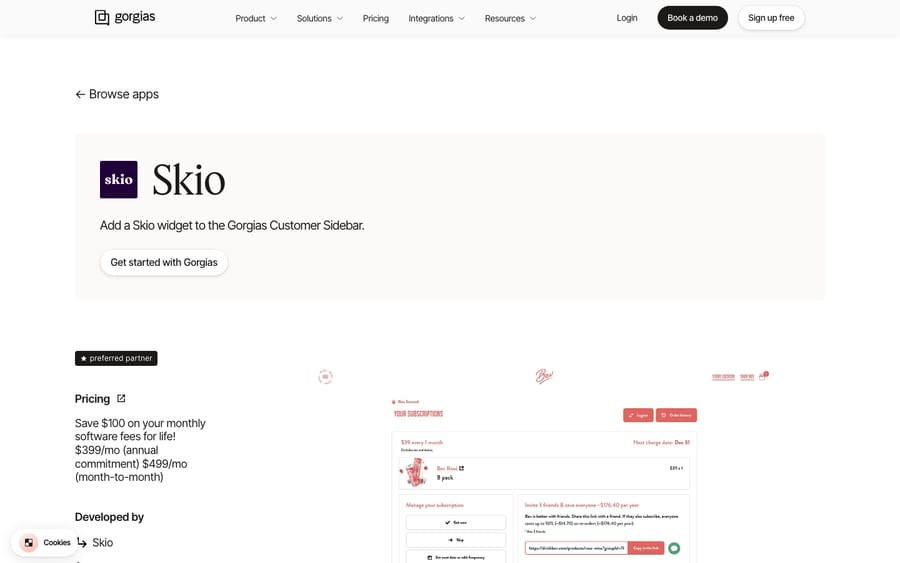 Skio's listing on the Gorgias App Store, captured October 30, 2026