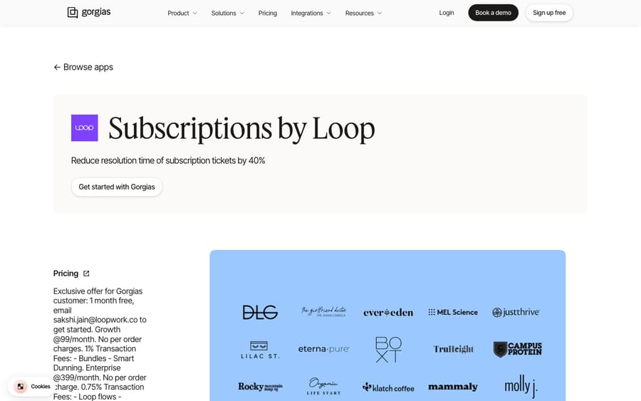 Subscriptions by Loop's listing on the Gorgias App Store, captured October 30, 2026
