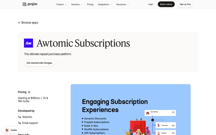 Awtomic Subscriptions' listing on the Gorgias App Store, captured October 30, 2026