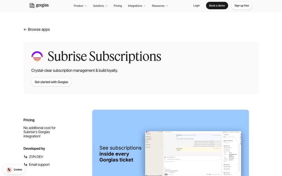 Subrise Subscriptions' listing on the Gorgias App Store, captured October 30, 2026
