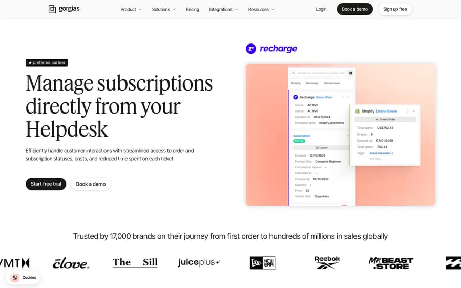 Recharge's listing on the Gorgias App Store, captured October 30, 2026