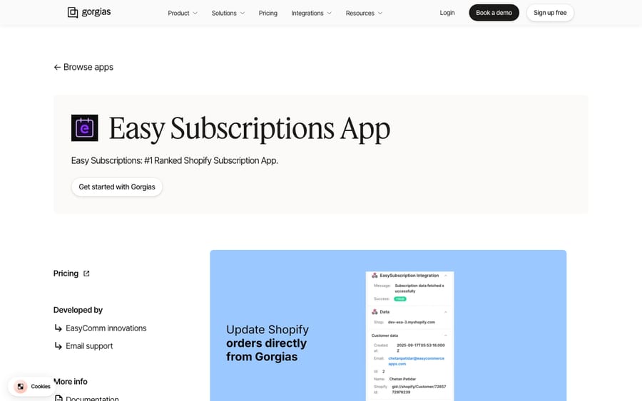 Easy Subscriptions App's listing on the Gorgias App Store, captured October 30, 2026