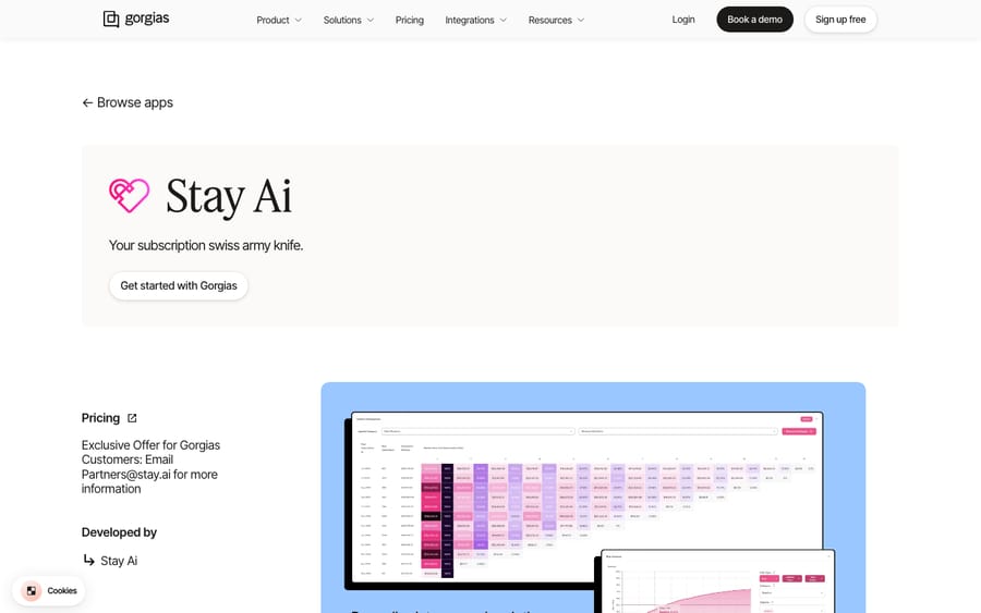 Stay Ai's listing on the Gorgias App Store, captured October 30, 2026