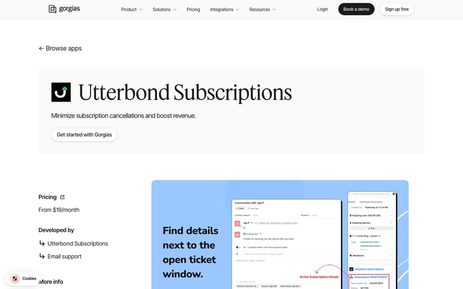 Utterbond Subscriptions' listing on the Gorgias App Store, captured October 30, 2026