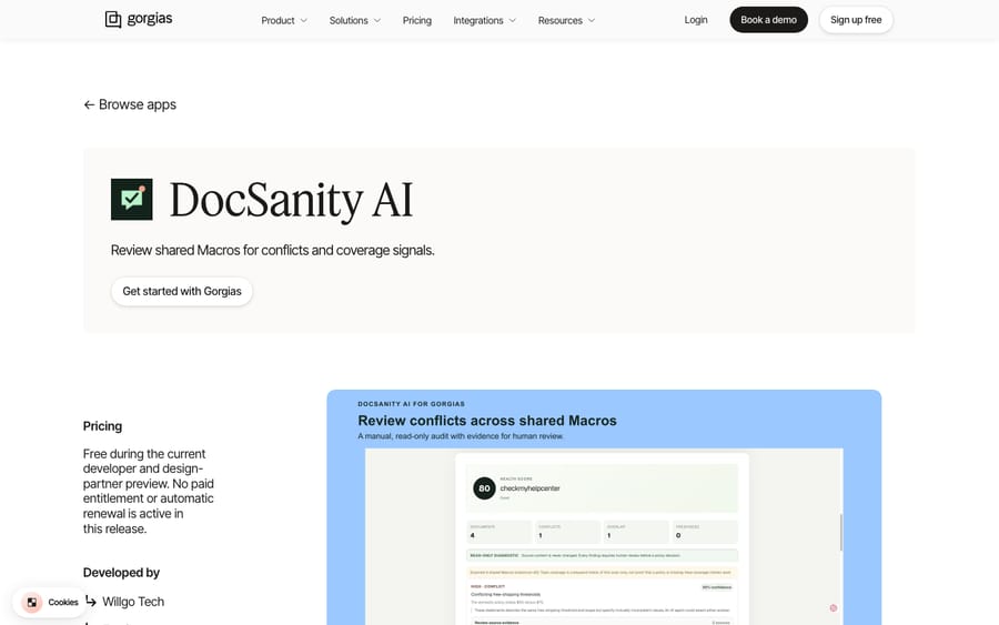 DocSanity AI's listing on the Gorgias App Store, captured October 30, 2026