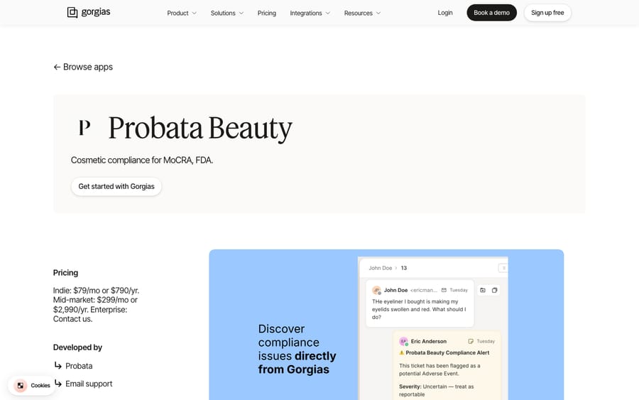 Probata Beauty's listing on the Gorgias App Store, captured October 30, 2026