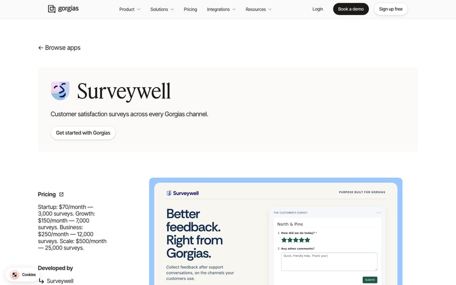 Surveywell's listing on the Gorgias App Store, captured October 30, 2026