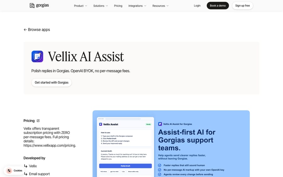 Vellix AI Assist's listing on the Gorgias App Store, captured October 30, 2026