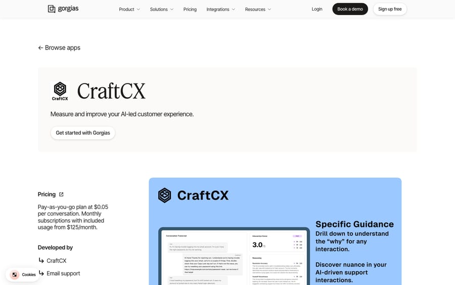 CraftCX's listing on the Gorgias App Store, captured October 30, 2026