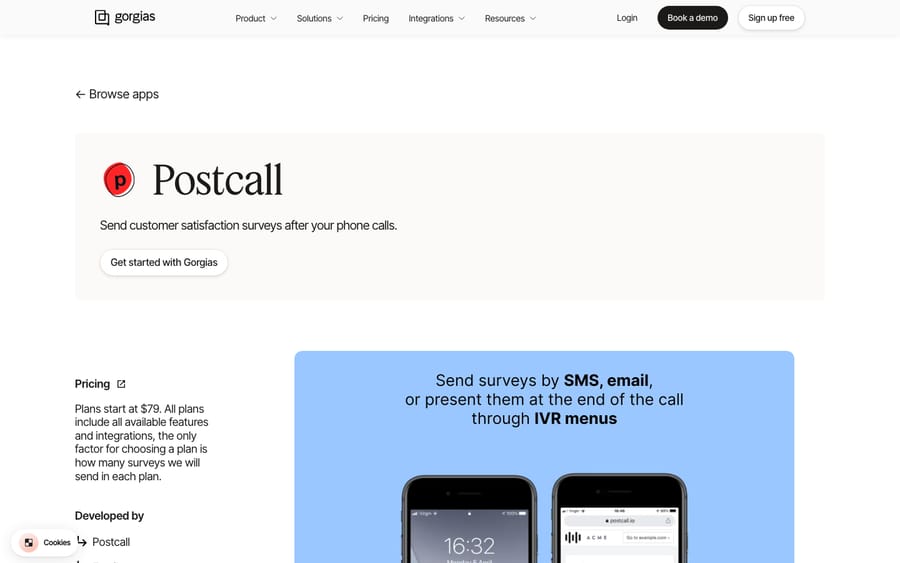 Postcall's listing on the Gorgias App Store, captured October 30, 2026