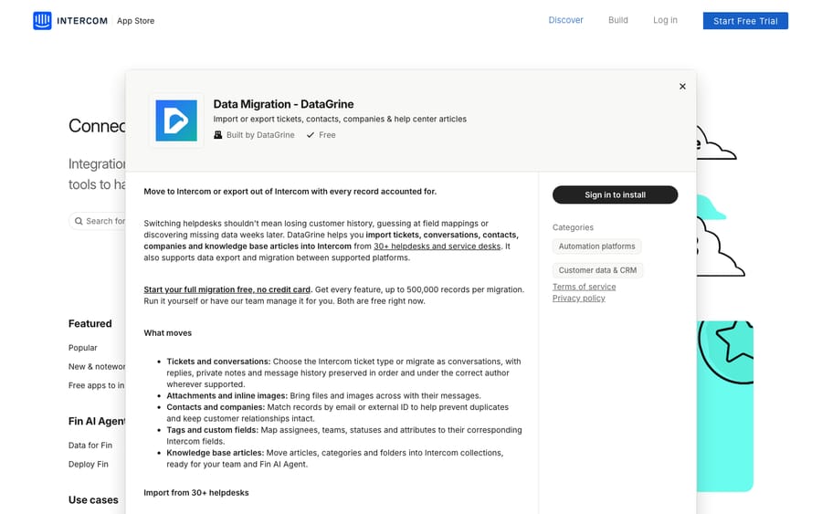 Data Migration's listing on the Intercom App Store, captured October 30, 2026