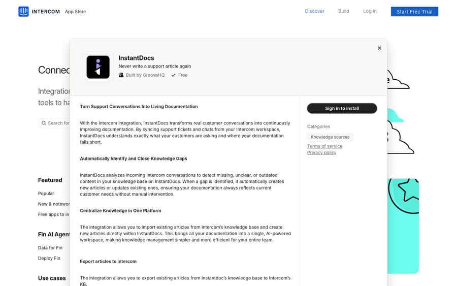InstantDocs' listing on the Intercom App Store, captured October 30, 2026