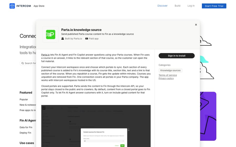 Parta.io knowledge source's listing on the Intercom App Store, captured October 30, 2026