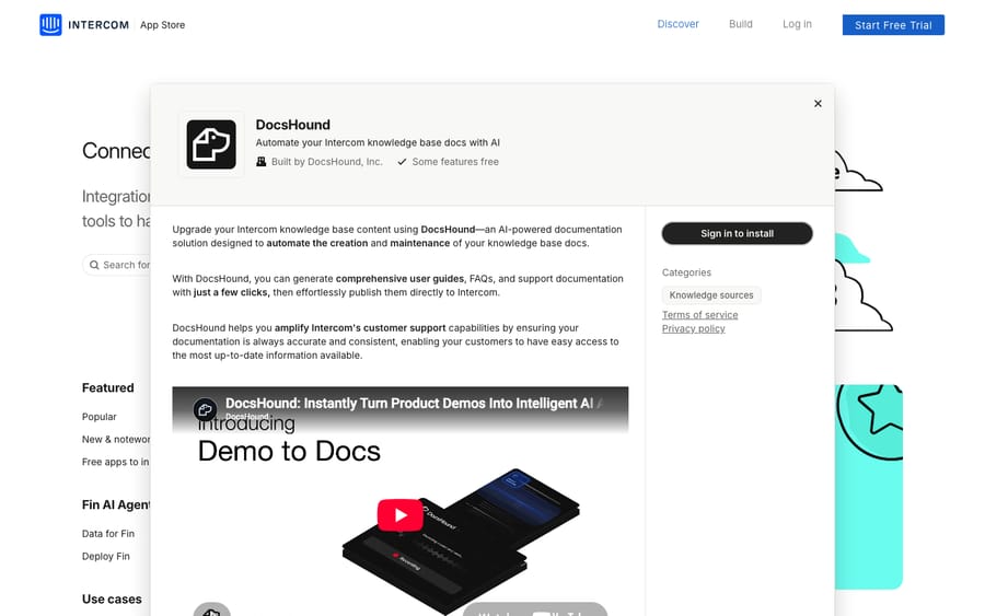 DocsHound's listing on the Intercom App Store, captured October 30, 2026
