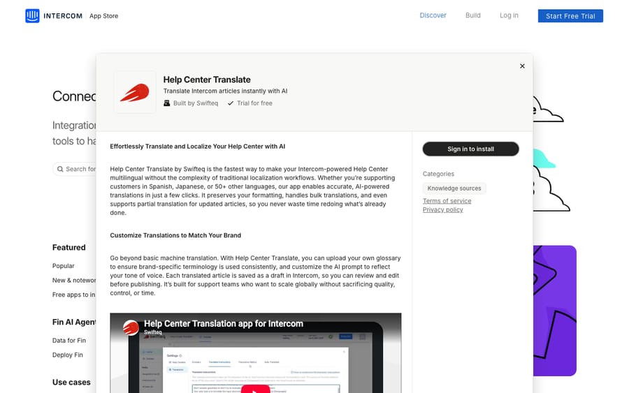 Help Center Translate's listing on the Intercom App Store, captured October 30, 2026