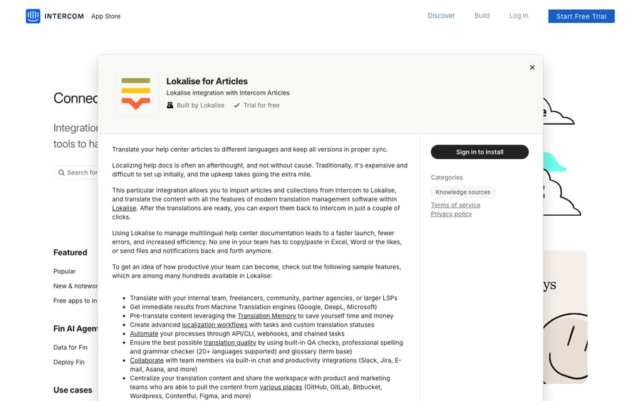 Lokalise for Articles' listing on the Intercom App Store, captured October 30, 2026