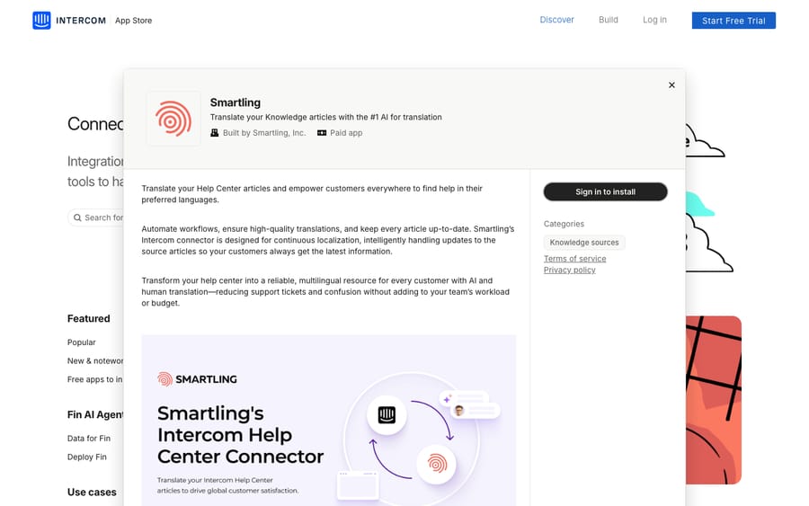 Smartling's listing on the Intercom App Store, captured October 30, 2026