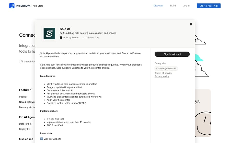 Solo AI's listing on the Intercom App Store, captured October 30, 2026
