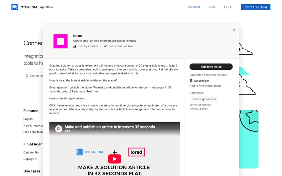 iorad's listing on the Intercom App Store, captured October 30, 2026