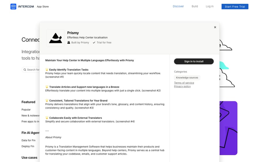 Prismy's listing on the Intercom App Store, captured October 30, 2026