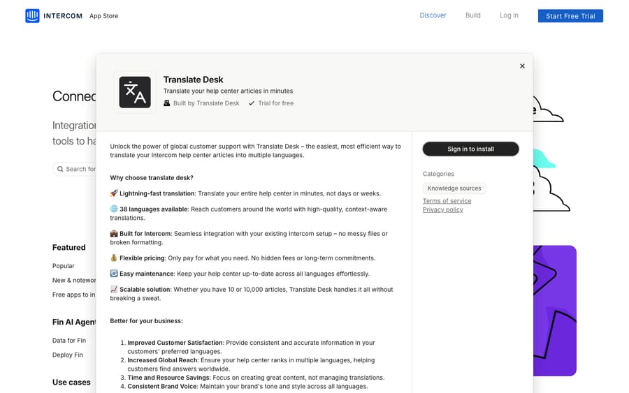 Translate Desk's listing on the Intercom App Store, captured October 30, 2026