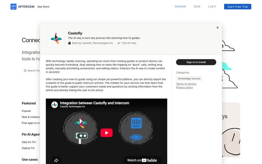 Castofly's listing on the Intercom App Store, captured October 30, 2026