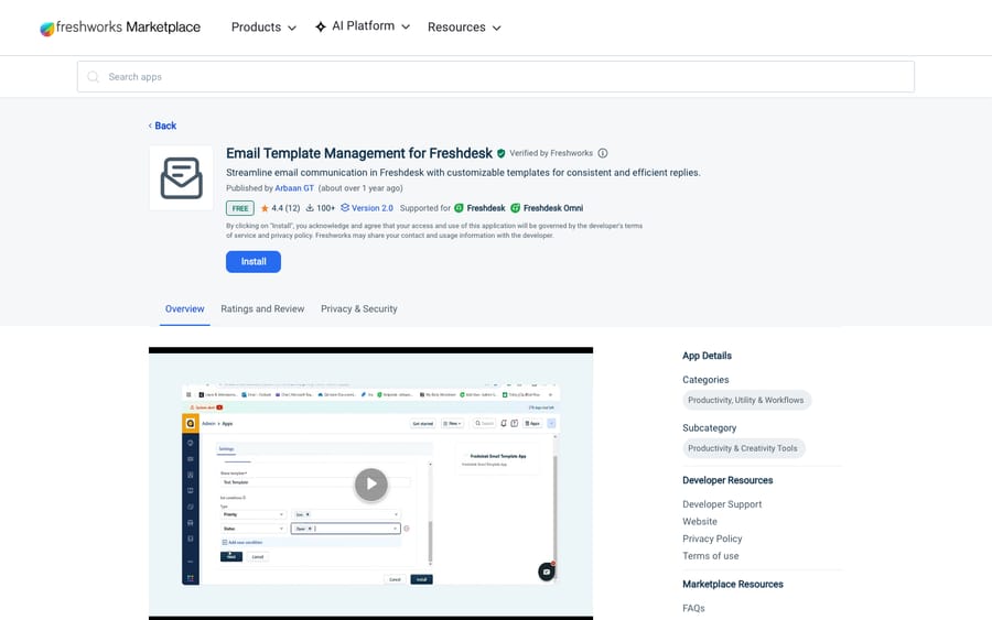Email Template Management for Freshdesk's listing on the Freshworks Marketplace, captured October 30, 2026