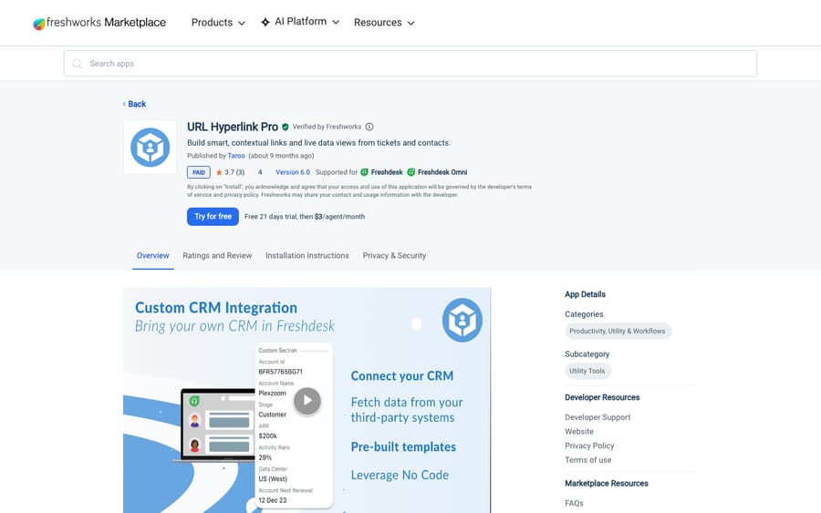 URL Hyperlink Pro's listing on the Freshworks Marketplace, US view captured October 30, 2026 via the Wayback Machine
