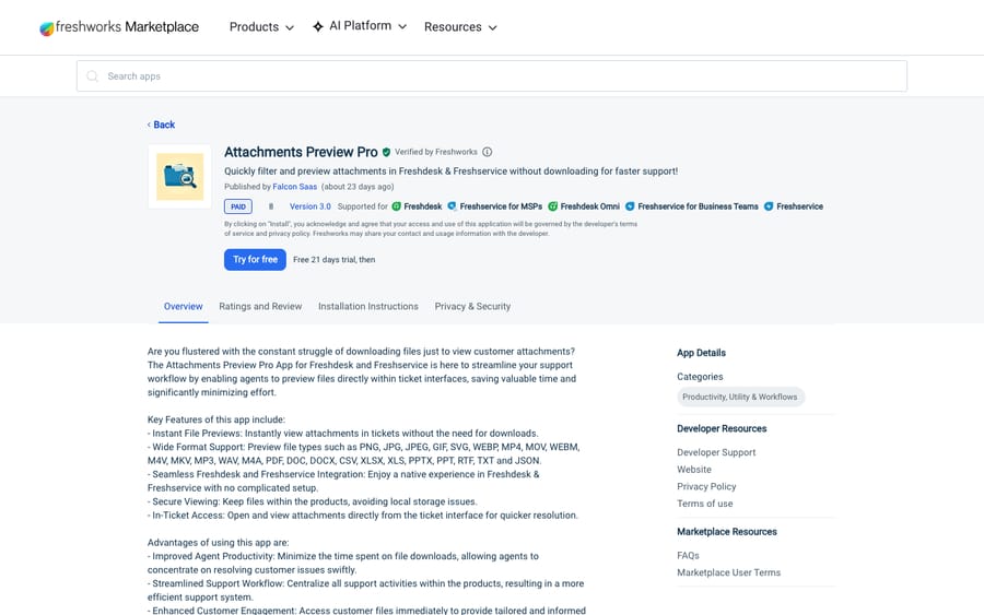 Attachments Preview Pro's listing on the Freshworks Marketplace, US view captured October 30, 2026 via the Wayback Machine