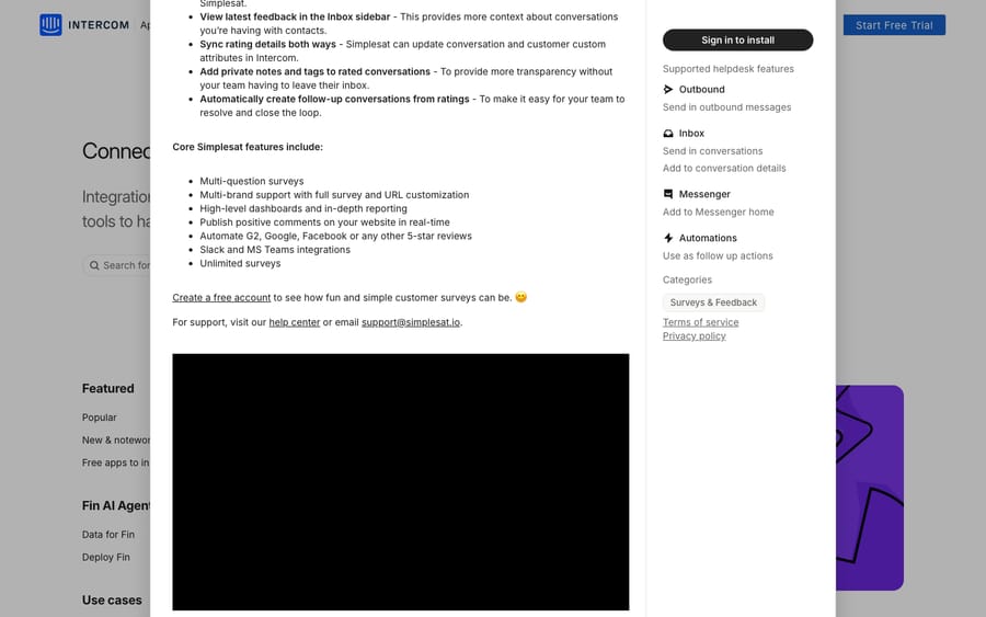 Simplesat's listing on the Intercom App Store, captured October 30, 2026