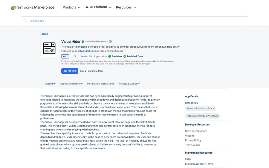Value Hider's listing on the Freshworks Marketplace, US view captured October 30, 2026 via the Wayback Machine