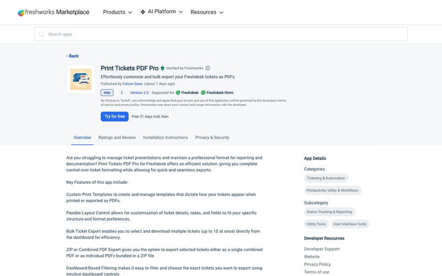 Print Tickets PDF Pro's listing on the Freshworks Marketplace, US view captured October 30, 2026 via the Wayback Machine